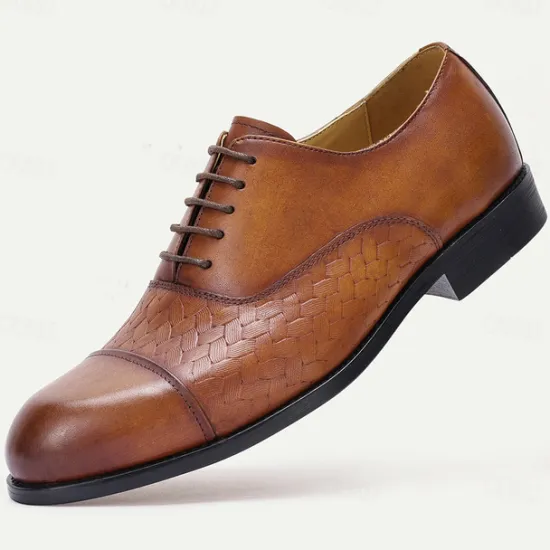 New OUKU Men's Premium Cowhide Oxford Shoes with Woven Leather Design, Classic Lace-Up Style for Formal and Business Occasions