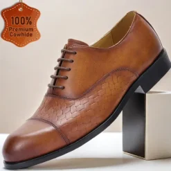 New OUKU Men's Premium Cowhide Oxford Shoes with Woven Leather Design, Classic Lace-Up Style for Formal and Business Occasions