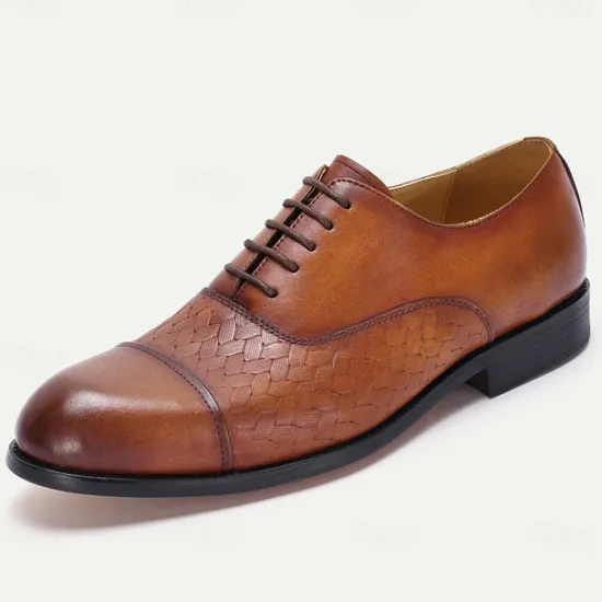 New OUKU Men's Premium Cowhide Oxford Shoes with Woven Leather Design, Classic Lace-Up Style for Formal and Business Occasions