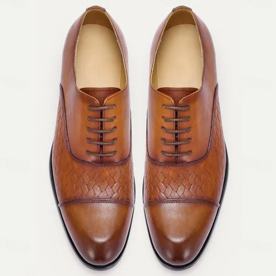 New OUKU Men's Premium Cowhide Oxford Shoes with Woven Leather Design, Classic Lace-Up Style for Formal and Business Occasions