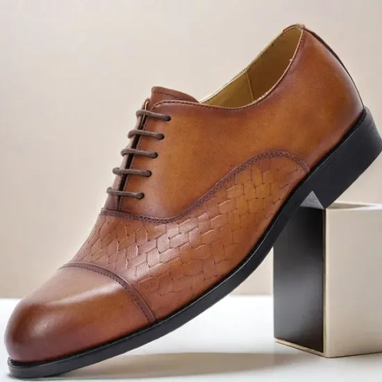 New OUKU Men's Premium Cowhide Oxford Shoes with Woven Leather Design, Classic Lace-Up Style for Formal and Business Occasions