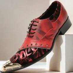 Outlet OUKU Men's Premium Leather Dress Shoes with Gold Tip Artistic Print and Studded Detail–Stylish Formal Footwear for Special Occasions Red