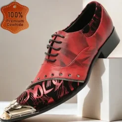 Outlet OUKU Men's Premium Leather Dress Shoes with Gold Tip Artistic Print and Studded Detail–Stylish Formal Footwear for Special Occasions Red