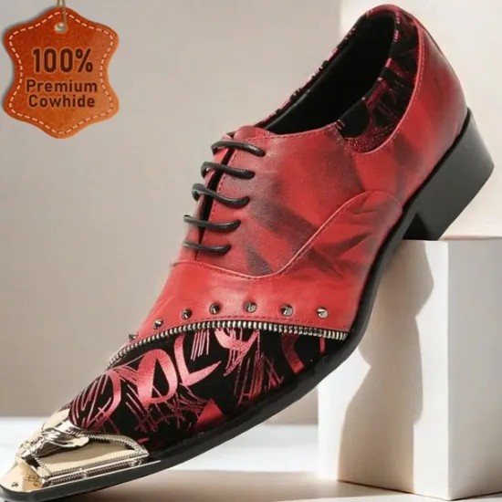 Outlet OUKU Men's Premium Leather Dress Shoes with Gold Tip Artistic Print and Studded Detail–Stylish Formal Footwear for Special Occasions Red