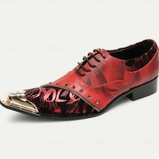 Outlet OUKU Men's Premium Leather Dress Shoes with Gold Tip Artistic Print and Studded Detail–Stylish Formal Footwear for Special Occasions Red