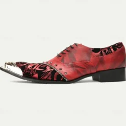 Outlet OUKU Men's Premium Leather Dress Shoes with Gold Tip Artistic Print and Studded Detail–Stylish Formal Footwear for Special Occasions Red