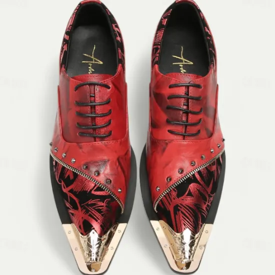 Outlet OUKU Men's Premium Leather Dress Shoes with Gold Tip Artistic Print and Studded Detail–Stylish Formal Footwear for Special Occasions Red