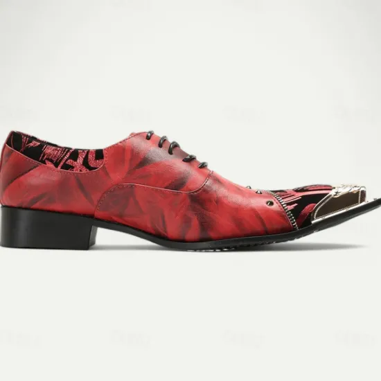 Outlet OUKU Men's Premium Leather Dress Shoes with Gold Tip Artistic Print and Studded Detail–Stylish Formal Footwear for Special Occasions Red
