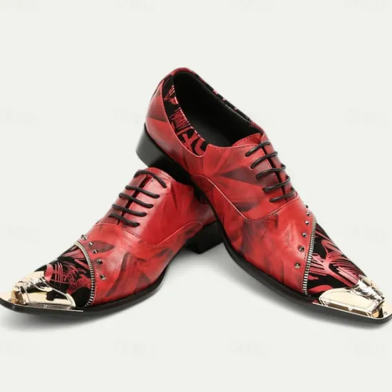 Outlet OUKU Men's Premium Leather Dress Shoes with Gold Tip Artistic Print and Studded Detail–Stylish Formal Footwear for Special Occasions Red