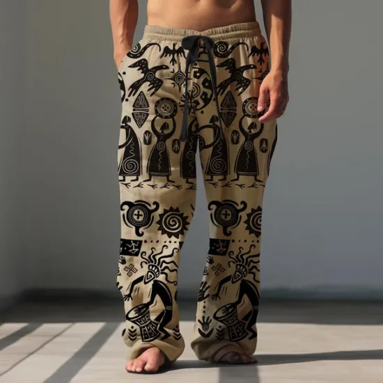 Sale OUKU Men's Print Casual Pants Mid Waist Hawaiian Ethnic Style Holiday Straight Leg Summer Spring 3D Print Black Brown Green