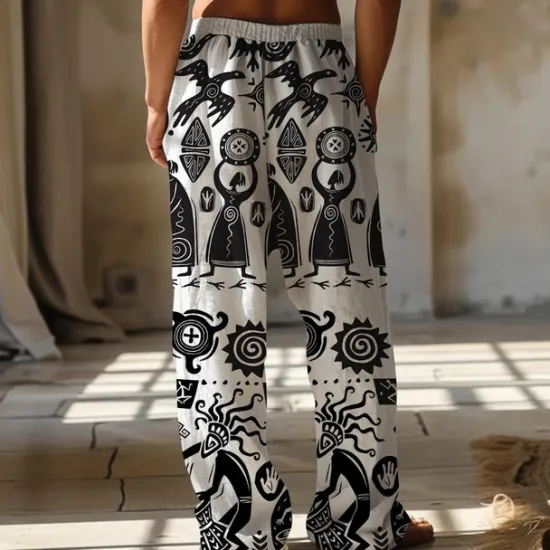 Sale OUKU Men's Print Casual Pants Mid Waist Hawaiian Ethnic Style Holiday Straight Leg Summer Spring 3D Print Black Brown Green