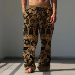 Sale OUKU Men's Print Casual Pants Mid Waist Hawaiian Ethnic Style Holiday Straight Leg Summer Spring 3D Print Black Brown Green