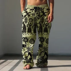 Sale OUKU Men's Print Casual Pants Mid Waist Hawaiian Ethnic Style Holiday Straight Leg Summer Spring 3D Print Black Brown Green