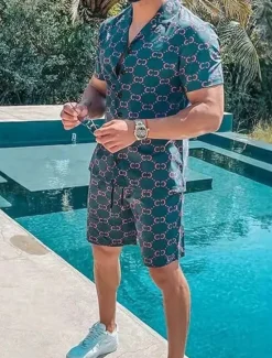 OUKU Men's Printing 2pcs Shirts Sets Shirt Short Sleeve Short Pants Turndown Vacation Casual Casual Vacation Wear 3D Print Summer Robin's Egg Blue Black Yellow
