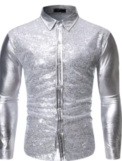 Best OUKU Men's Prom Shirt Disco Shirt Satin Silk Shirt Solid Color Wedding Party Silver Black Wine Blue Long Sleeve Collar Clothing Apparel Sequins