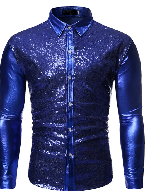 Best OUKU Men's Prom Shirt Disco Shirt Satin Silk Shirt Solid Color Wedding Party Silver Black Wine Blue Long Sleeve Collar Clothing Apparel Sequins