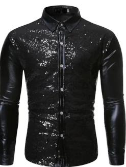 Best OUKU Men's Prom Shirt Disco Shirt Satin Silk Shirt Solid Color Wedding Party Silver Black Wine Blue Long Sleeve Collar Clothing Apparel Sequins