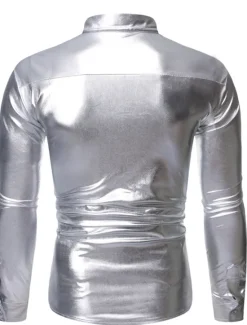 Best OUKU Men's Prom Shirt Disco Shirt Satin Silk Shirt Solid Color Wedding Party Silver Black Wine Blue Long Sleeve Collar Clothing Apparel Sequins