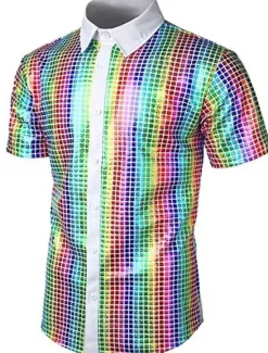 Hot OUKU Men's Prom Shirt Disco Shirt Tuxedo Shirts Plain Formal Evening Birthday Party Black Yellow Blue Rainbow Short Sleeve Lapel Summer Spring Clothing Apparel Sequins