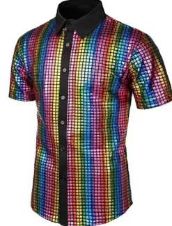 Hot OUKU Men's Prom Shirt Disco Shirt Tuxedo Shirts Plain Formal Evening Birthday Party Black Yellow Blue Rainbow Short Sleeve Lapel Summer Spring Clothing Apparel Sequins