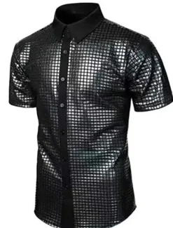 Hot OUKU Men's Prom Shirt Disco Shirt Tuxedo Shirts Plain Formal Evening Birthday Party Black Yellow Blue Rainbow Short Sleeve Lapel Summer Spring Clothing Apparel Sequins