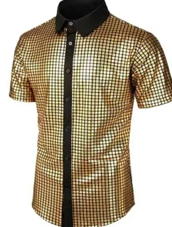 Hot OUKU Men's Prom Shirt Disco Shirt Tuxedo Shirts Plain Formal Evening Birthday Party Black Yellow Blue Rainbow Short Sleeve Lapel Summer Spring Clothing Apparel Sequins
