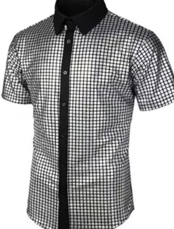 Hot OUKU Men's Prom Shirt Disco Shirt Tuxedo Shirts Plain Formal Evening Birthday Party Black Yellow Blue Rainbow Short Sleeve Lapel Summer Spring Clothing Apparel Sequins