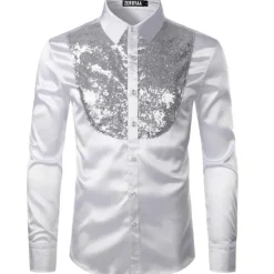 Clearance OUKU Men's Prom Shirt Disco Shirt Satin Silk Shirt Tuxedo Shirts Solid Color Wedding Party Black White Red Blue Long Sleeve Turndown Summer Spring Clothing Apparel Sequins