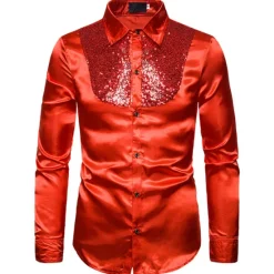 Clearance OUKU Men's Prom Shirt Disco Shirt Satin Silk Shirt Tuxedo Shirts Solid Color Wedding Party Black White Red Blue Long Sleeve Turndown Summer Spring Clothing Apparel Sequins
