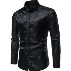 Hot OUKU Men's Prom Shirt Satin Silk Shirt Graphic Wedding Party Silver Black Wine Navy Blue Long Sleeve Turndown Clothing Apparel Button-Down