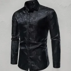 Hot OUKU Men's Prom Shirt Satin Silk Shirt Graphic Wedding Party Silver Black Wine Navy Blue Long Sleeve Turndown Clothing Apparel Button-Down