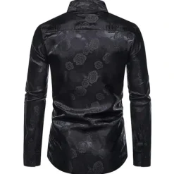 Hot OUKU Men's Prom Shirt Satin Silk Shirt Graphic Wedding Party Silver Black Wine Navy Blue Long Sleeve Turndown Clothing Apparel Button-Down