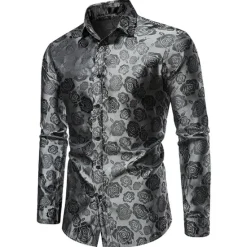 Hot OUKU Men's Prom Shirt Satin Silk Shirt Graphic Wedding Party Silver Black Wine Navy Blue Long Sleeve Turndown Clothing Apparel Button-Down