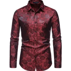 Hot OUKU Men's Prom Shirt Satin Silk Shirt Graphic Wedding Party Silver Black Wine Navy Blue Long Sleeve Turndown Clothing Apparel Button-Down