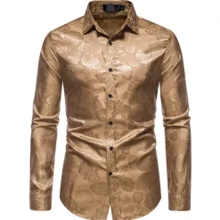 Hot OUKU Men's Prom Shirt Satin Silk Shirt Graphic Wedding Party Silver Black Wine Navy Blue Long Sleeve Turndown Clothing Apparel Button-Down