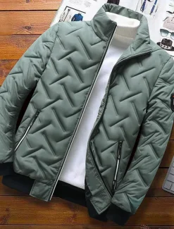Hot OUKU Men's Puffer Jacket Bomber Jacket Quilted Jacket Full Zip Casual Daily Wear Regular Casual Daily Trendy Windproof Warm Fall Winter Stripes and Plaid Black Light Green Royal Blue Gray Puffer Jacket
