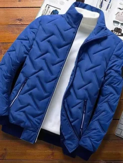 Hot OUKU Men's Puffer Jacket Bomber Jacket Quilted Jacket Full Zip Casual Daily Wear Regular Casual Daily Trendy Windproof Warm Fall Winter Stripes and Plaid Black Light Green Royal Blue Gray Puffer Jacket