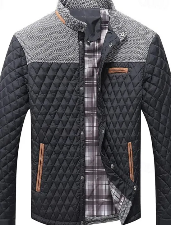 OUKU Men's Puffer Jacket Casual Jacket Daily Vacation Warm Pocket Fall & Winter Color Block Fashion Classic Stand Collar Regular Black Wine Navy Blue Brown Khaki Jacket