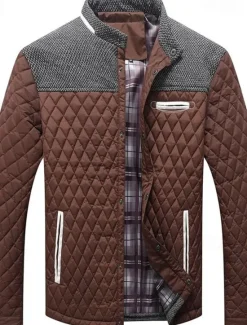 OUKU Men's Puffer Jacket Casual Jacket Daily Vacation Warm Pocket Fall & Winter Color Block Fashion Classic Stand Collar Regular Black Wine Navy Blue Brown Khaki Jacket