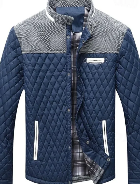 OUKU Men's Puffer Jacket Casual Jacket Daily Vacation Warm Pocket Fall & Winter Color Block Fashion Classic Stand Collar Regular Black Wine Navy Blue Brown Khaki Jacket