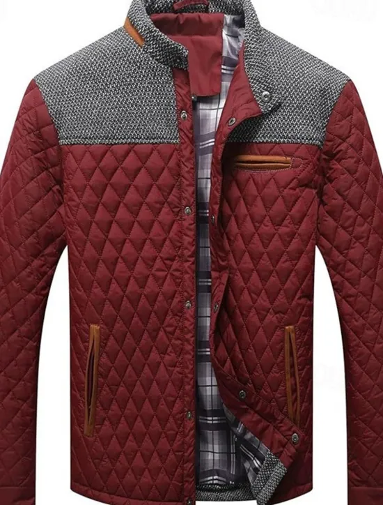 OUKU Men's Puffer Jacket Casual Jacket Daily Vacation Warm Pocket Fall & Winter Color Block Fashion Classic Stand Collar Regular Black Wine Navy Blue Brown Khaki Jacket
