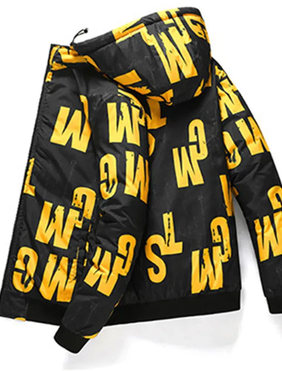 Outlet OUKU Men's Puffer Jacket Hoodie Coat Padded Zipper Pocket Print Sports Outdoor Regular Outdoor Casual / Daily Winter Letter Black Yellow Red Khaki Puffer Jacket