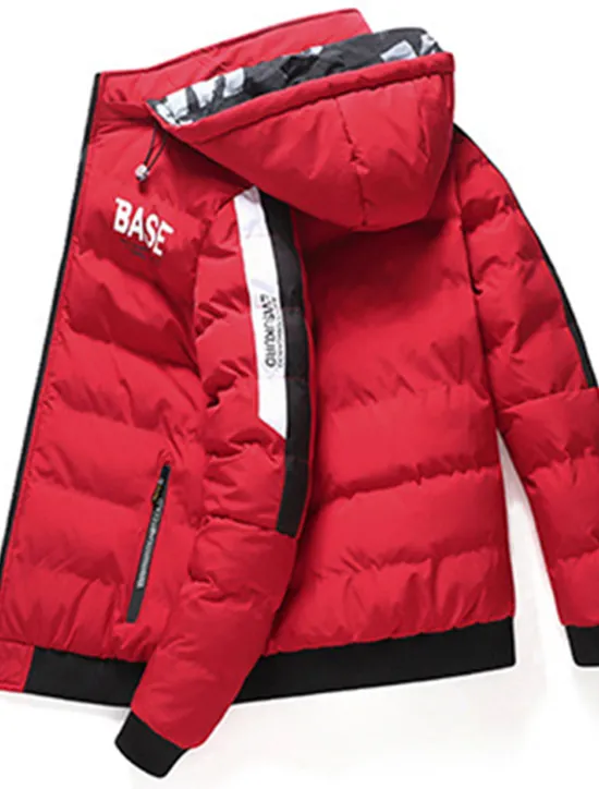 Outlet OUKU Men's Puffer Jacket Hoodie Coat Padded Zipper Pocket Print Sports Outdoor Regular Outdoor Casual / Daily Winter Letter Black Yellow Red Khaki Puffer Jacket