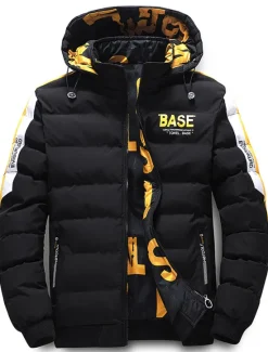 Outlet OUKU Men's Puffer Jacket Hoodie Coat Padded Zipper Pocket Print Sports Outdoor Regular Outdoor Casual / Daily Winter Letter Black Yellow Red Khaki Puffer Jacket