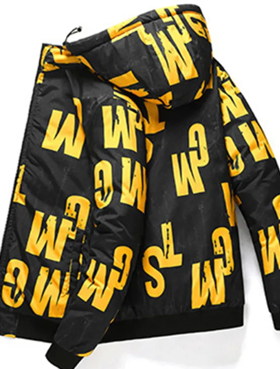 Outlet OUKU Men's Puffer Jacket Hoodie Coat Padded Zipper Pocket Print Sports Outdoor Regular Outdoor Casual / Daily Winter Letter Black Yellow Red Khaki Puffer Jacket