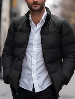Outlet OUKU Men's Puffer Jacket Padded Pocket Color Block Party Christmas Outdoor Regular Neutral Fashion Daily Winter Solid Color Black White Purple Green Puffer Jacket