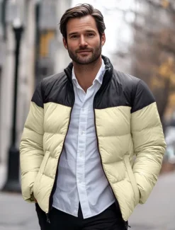 Outlet OUKU Men's Puffer Jacket Padded Pocket Color Block Party Christmas Outdoor Regular Neutral Fashion Daily Winter Solid Color Black White Purple Green Puffer Jacket