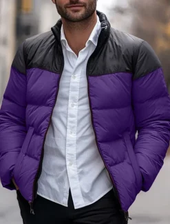 Outlet OUKU Men's Puffer Jacket Padded Pocket Color Block Party Christmas Outdoor Regular Neutral Fashion Daily Winter Solid Color Black White Purple Green Puffer Jacket