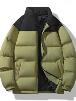Outlet OUKU Men's Puffer Jacket Padded Pocket Color Block Party Christmas Outdoor Regular Neutral Fashion Daily Winter Solid Color Black White Purple Green Puffer Jacket