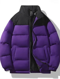Outlet OUKU Men's Puffer Jacket Padded Pocket Color Block Party Christmas Outdoor Regular Neutral Fashion Daily Winter Solid Color Black White Purple Green Puffer Jacket